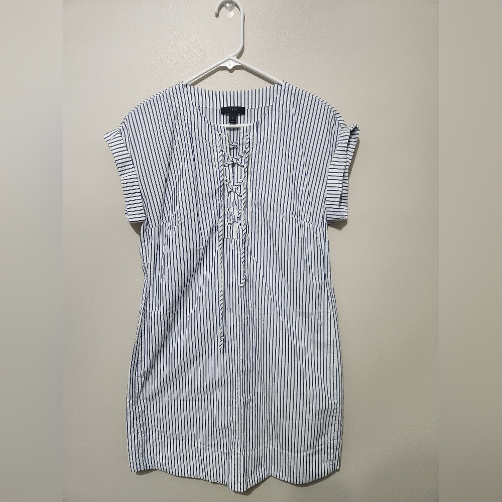 J. Crew Blue & White Striped Lace Up Shirt Dress 100% Cotton Womens Small